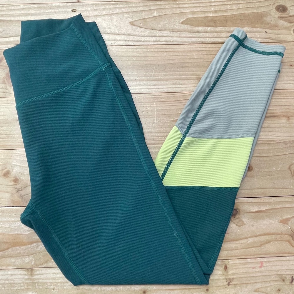 Wilo The Label Womens Ribbed Colorblock Leggings Teal Green‎ Grey Neon Size M